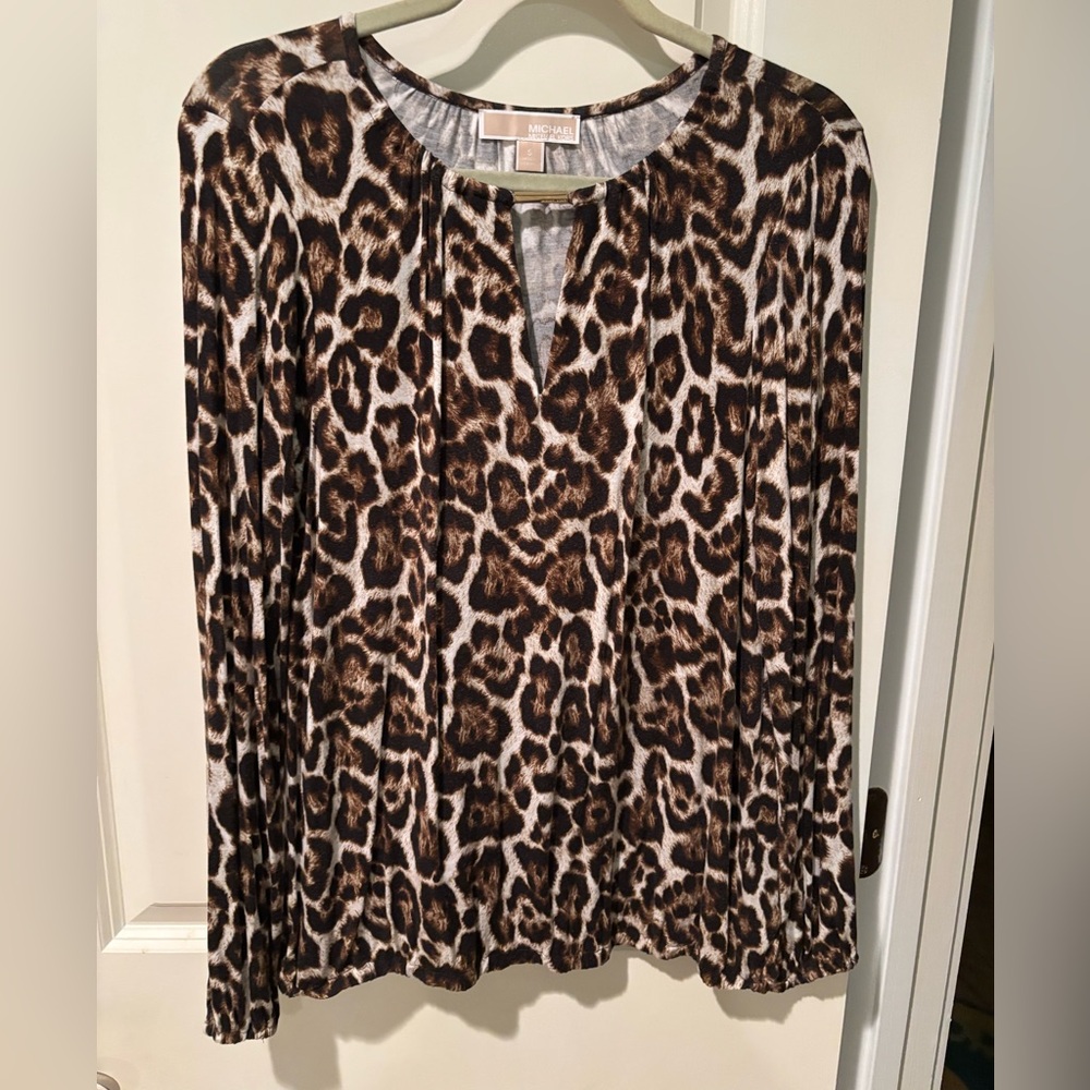 Michael Kors Leopard Print Blouse Womens Small Elastic Hem Long Sleeve Flowy Top